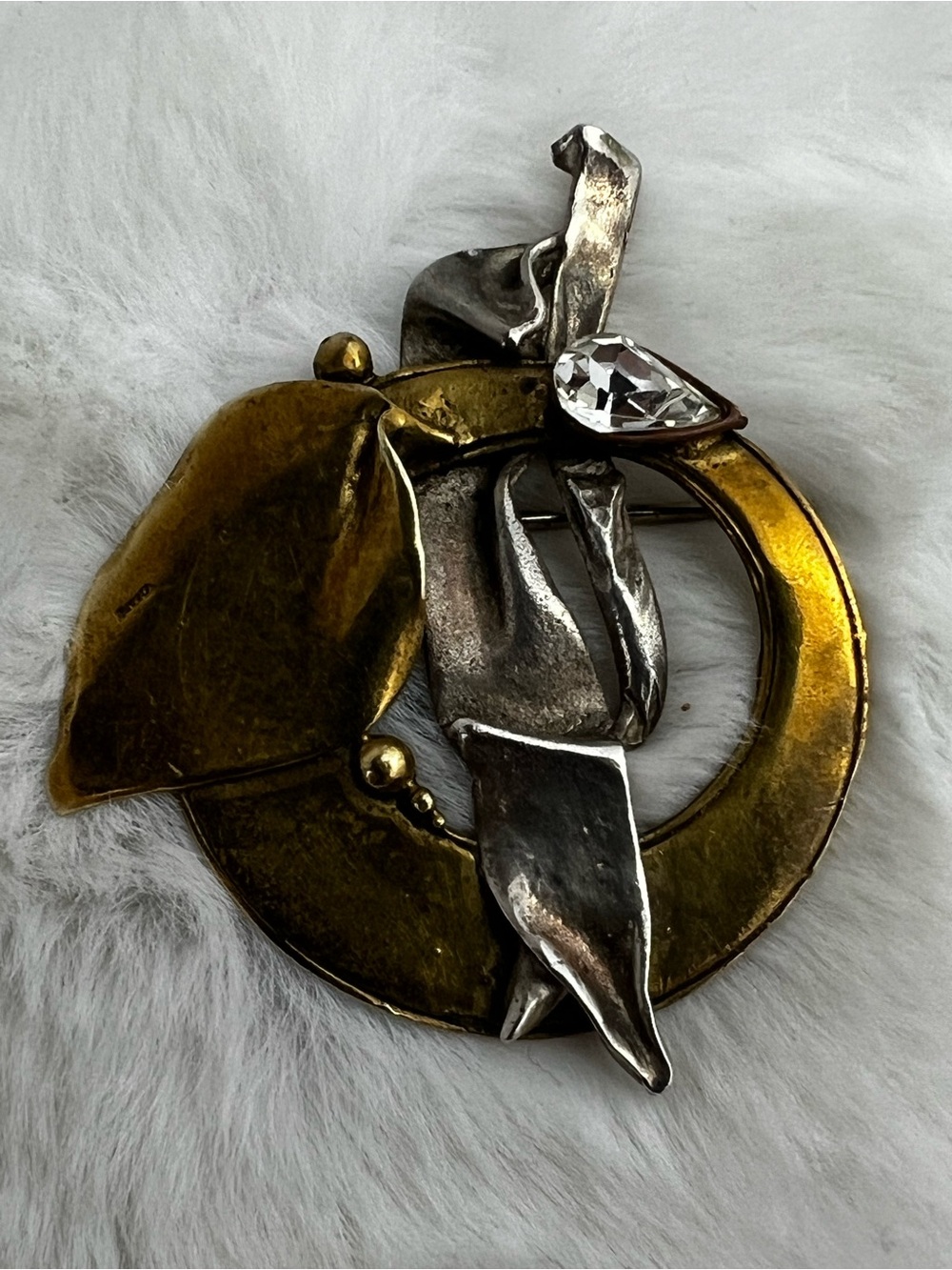 Vintage Mid Century Brutalist Modernist Sterling Silver Vermeil Brooch Pin